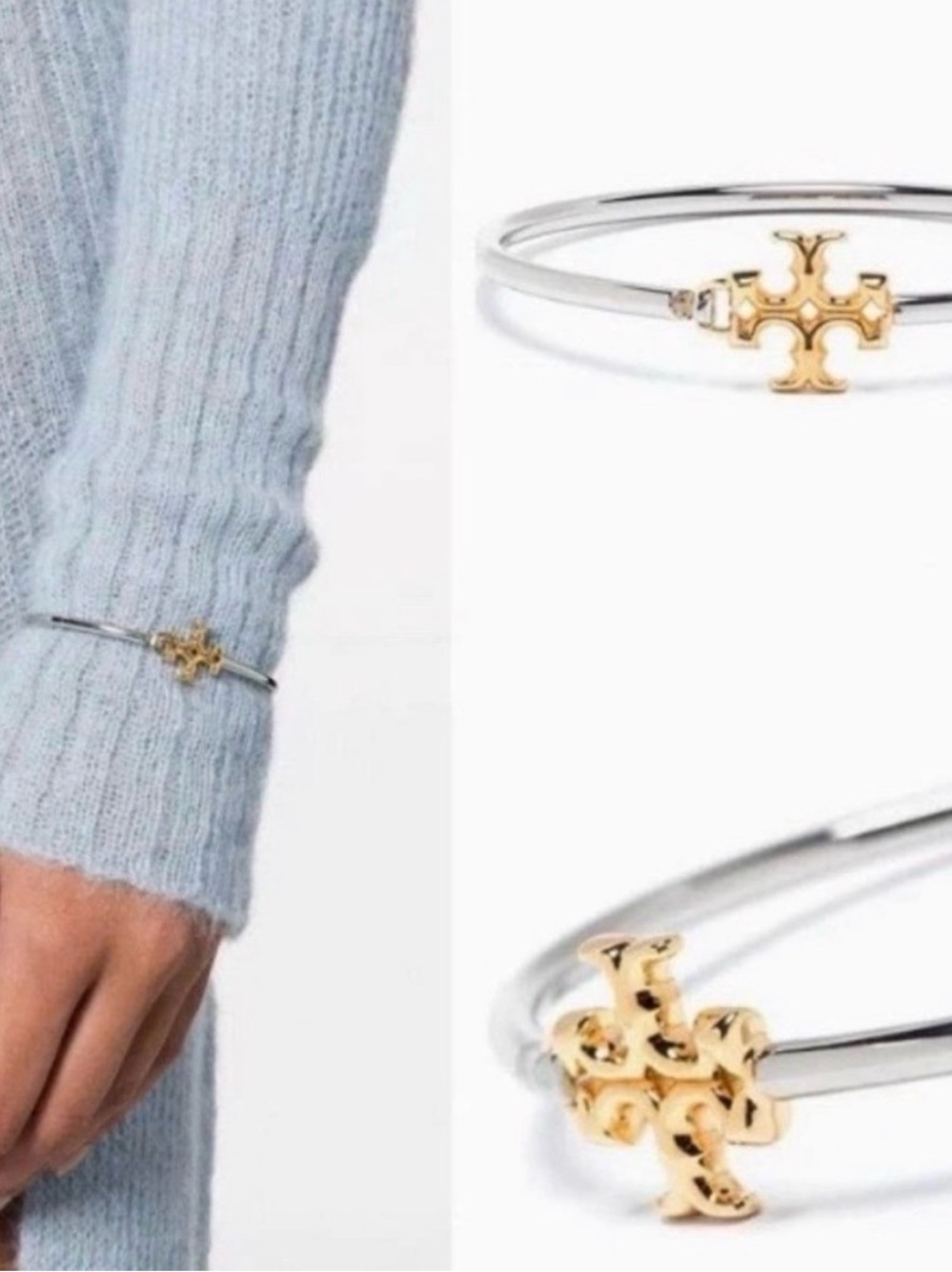 Tory Burch Silver and Gold Logo Bangle Bracelet